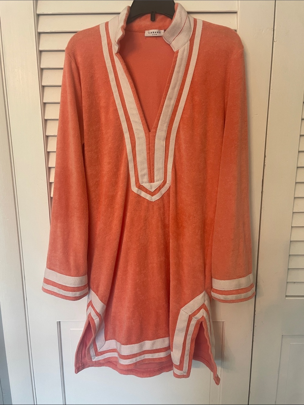 Cabana Life Coral Terry Tunic with Ivory Trim Accents